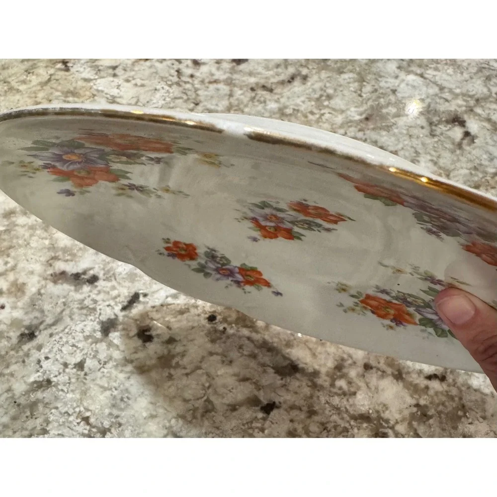 Vintage Floral Scalloped Serving Plate White Orange Purple Gold Trim 9.75 Inch